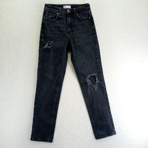 Zara Womens High Rise Mom Jeans Distressed Ripped Black Size 4 EUR 36 MEX 26